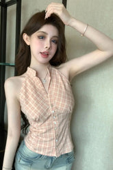 Sleeveless Off Shoulder Plaid Blouse Shirt